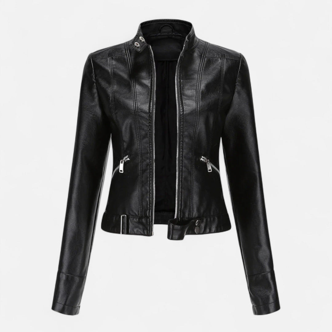 Women's cropped moto jacket with stand collar, long sleeves and zip pockets