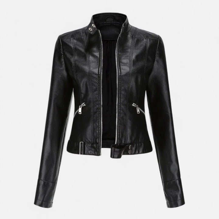 Women's cropped moto jacket with stand collar, long sleeves and zip pockets