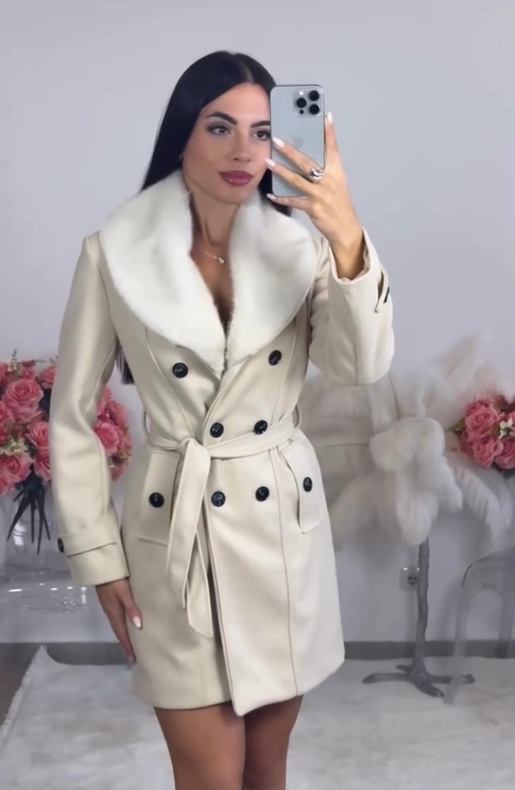 Women's belted double-breasted short coat with wide lapels and button details