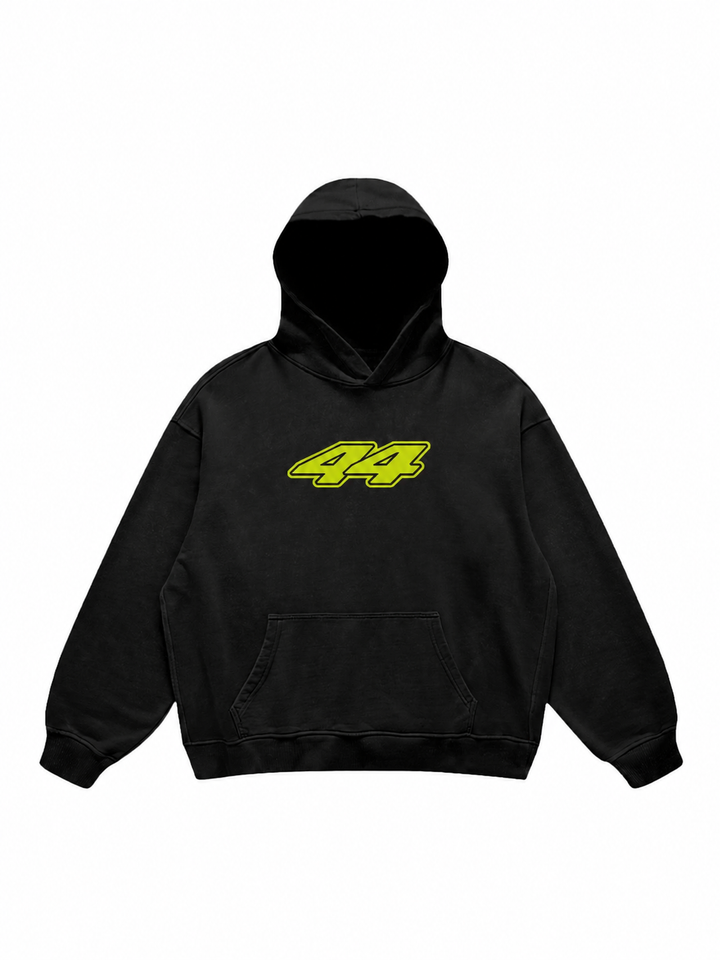 Black pullover hoodie with hood, graphic prints and kangaroo pocket