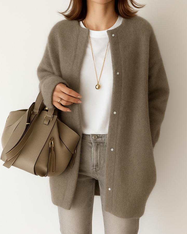 Women's longline button-front cardigan with long sleeves and round neckline