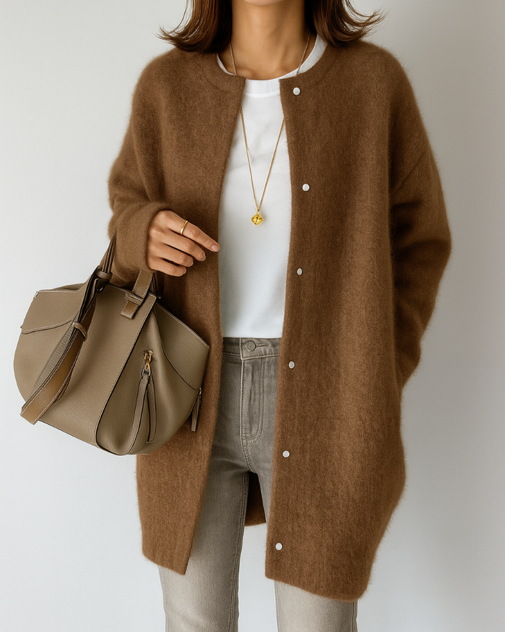 Women's longline button-front cardigan with long sleeves and round neckline