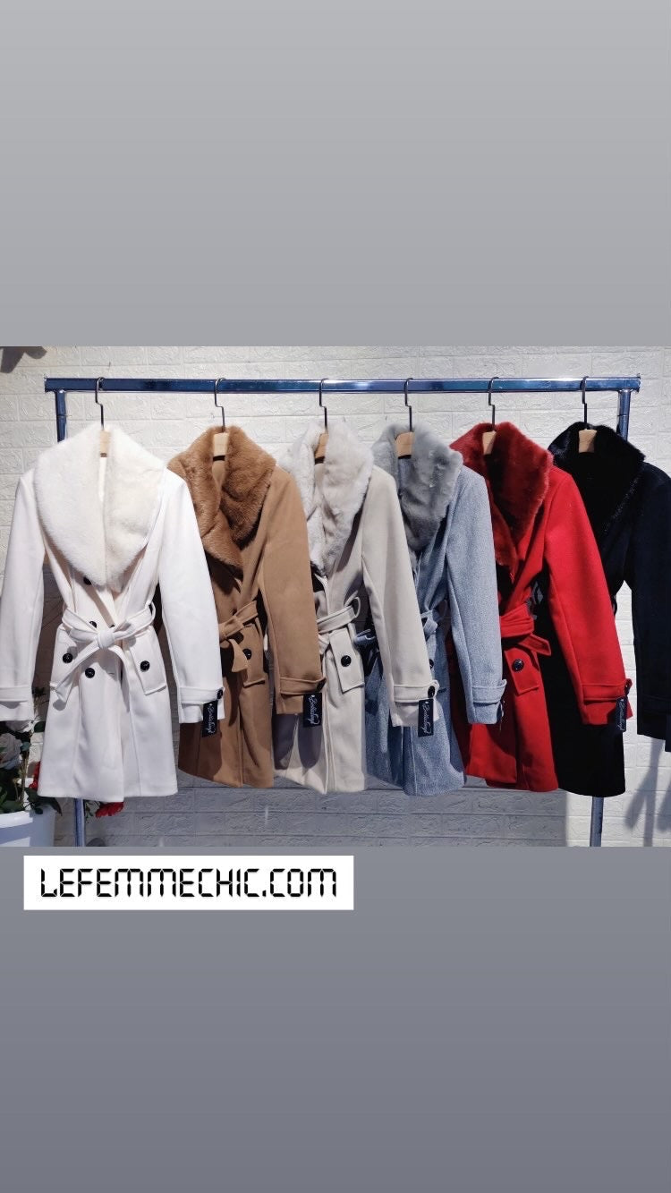 Women's belted double-breasted short coat with wide lapels and button details