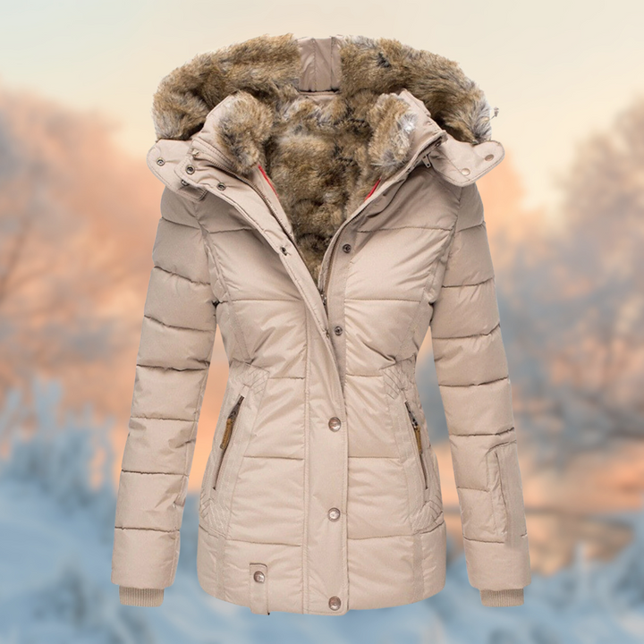 Women's quilted winter parka with fur-trim hood and zip pockets