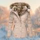 Women's quilted winter parka with fur-trim hood and zip pockets