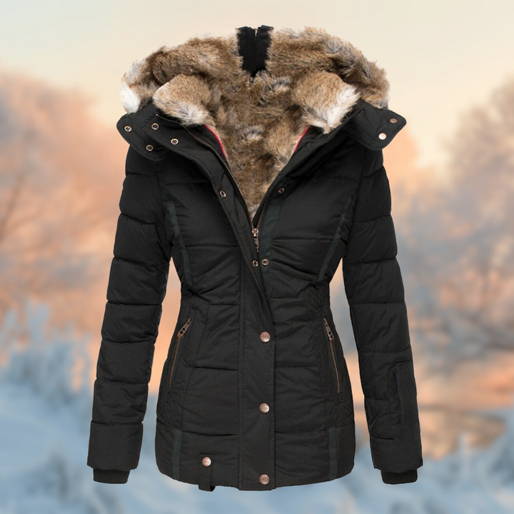 Women's quilted winter parka with fur-trim hood and zip pockets