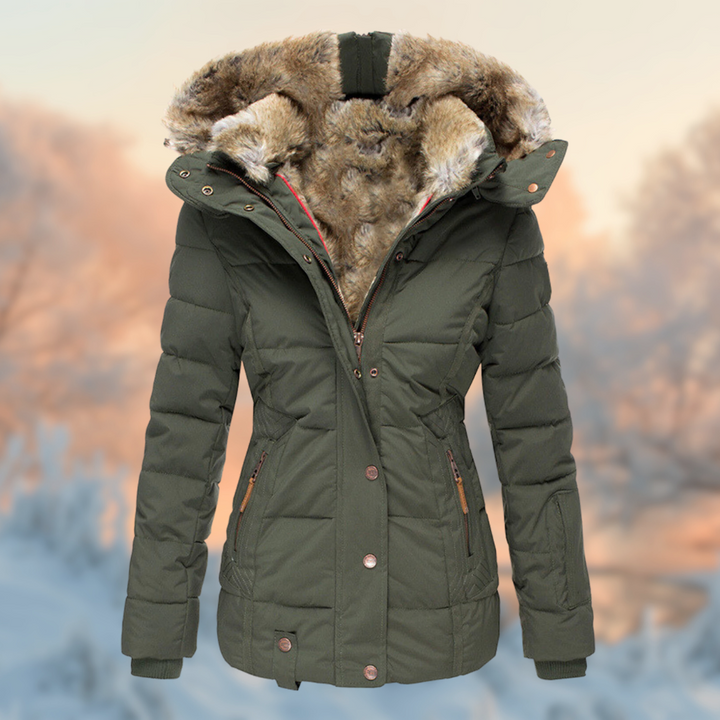 Women's quilted winter parka with fur-trim hood and zip pockets