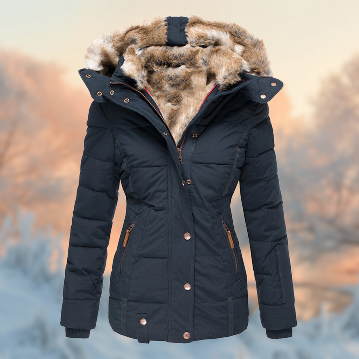 Women's quilted winter parka with fur-trim hood and zip pockets