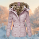 Women's quilted winter parka with fur-trim hood and zip pockets