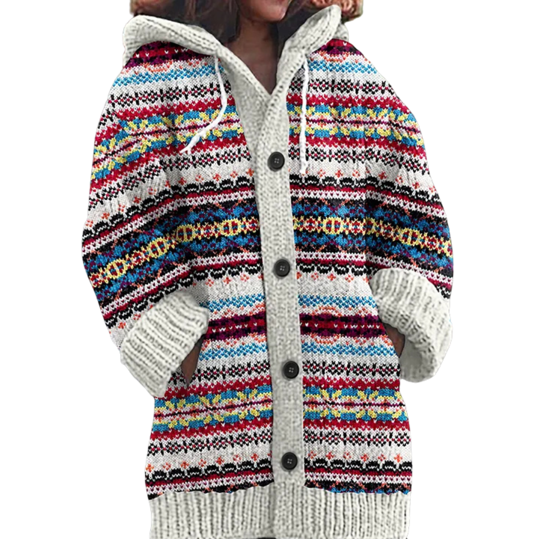 Women's hooded cardigan with multicolour geometric knit pattern, buttons and front pockets