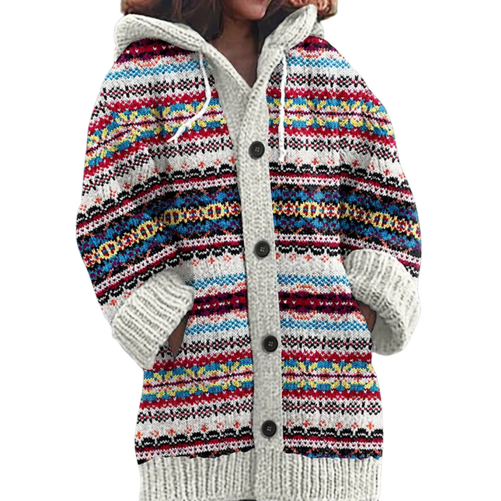 Women's hooded cardigan with multicolour geometric knit pattern, buttons and front pockets