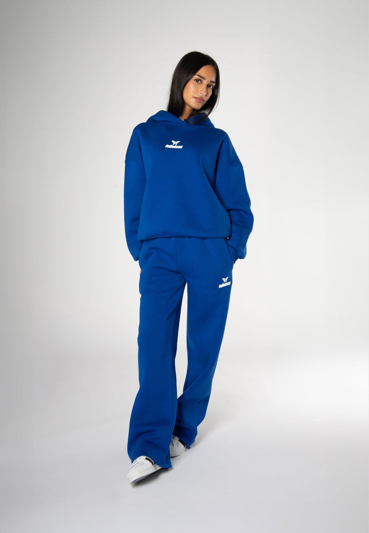 Women's blue pullover hoodie with white chest logo and hood