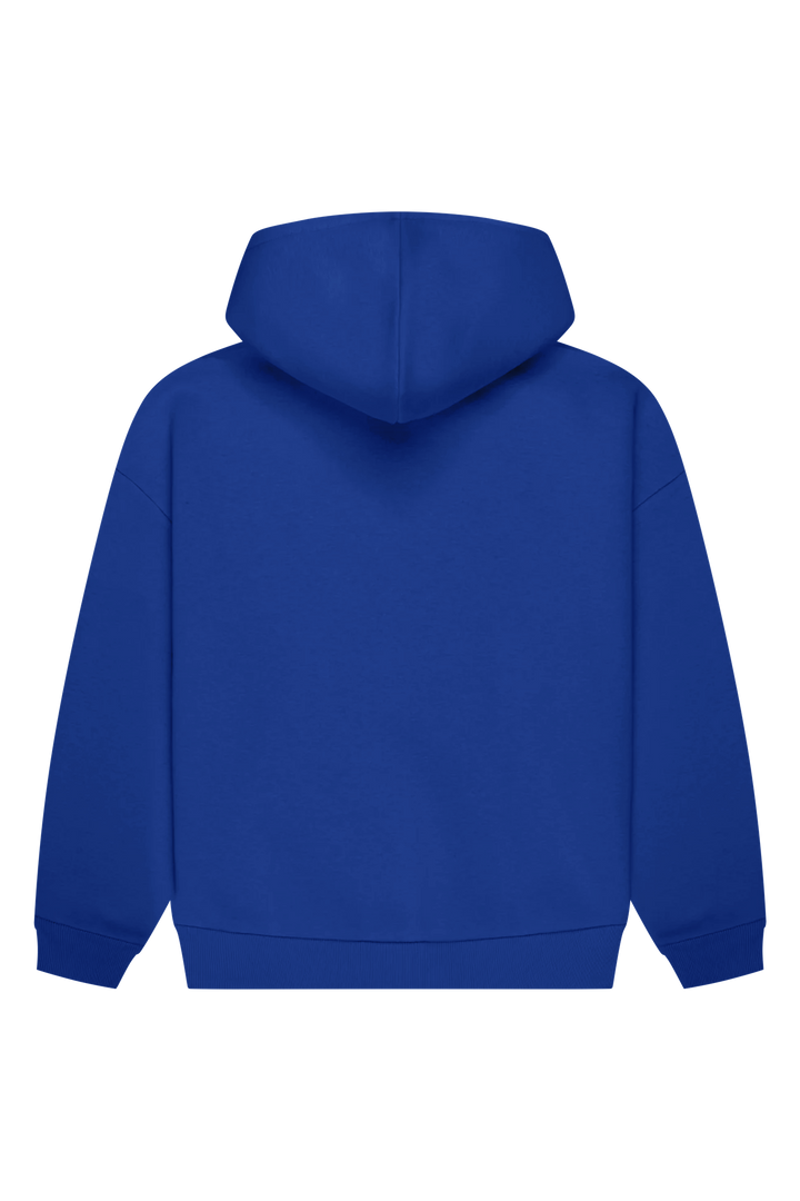Women's blue pullover hoodie with white chest logo and hood