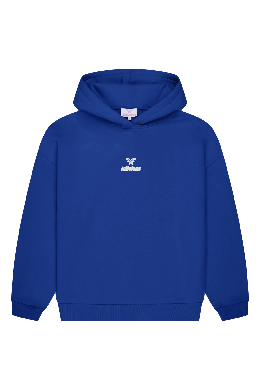 Women's blue pullover hoodie with white chest logo and hood