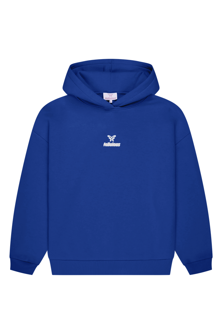 Women's blue pullover hoodie with white chest logo and hood