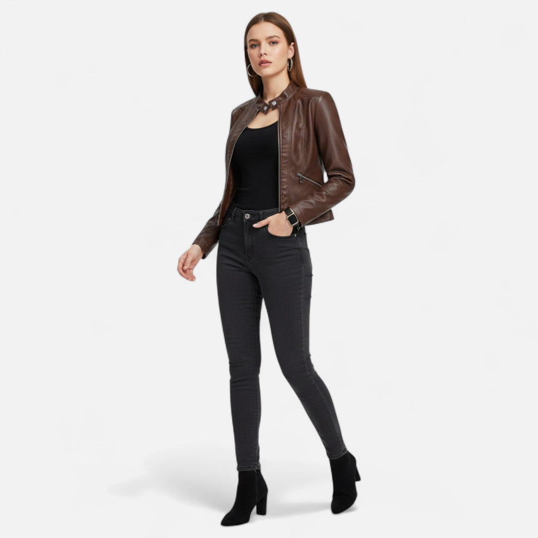 Women's cropped moto jacket with stand collar, long sleeves and zip pockets