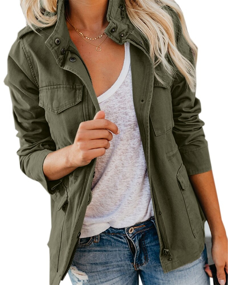 Women's utility jacket with stand collar, long sleeves, zip front and flap pockets