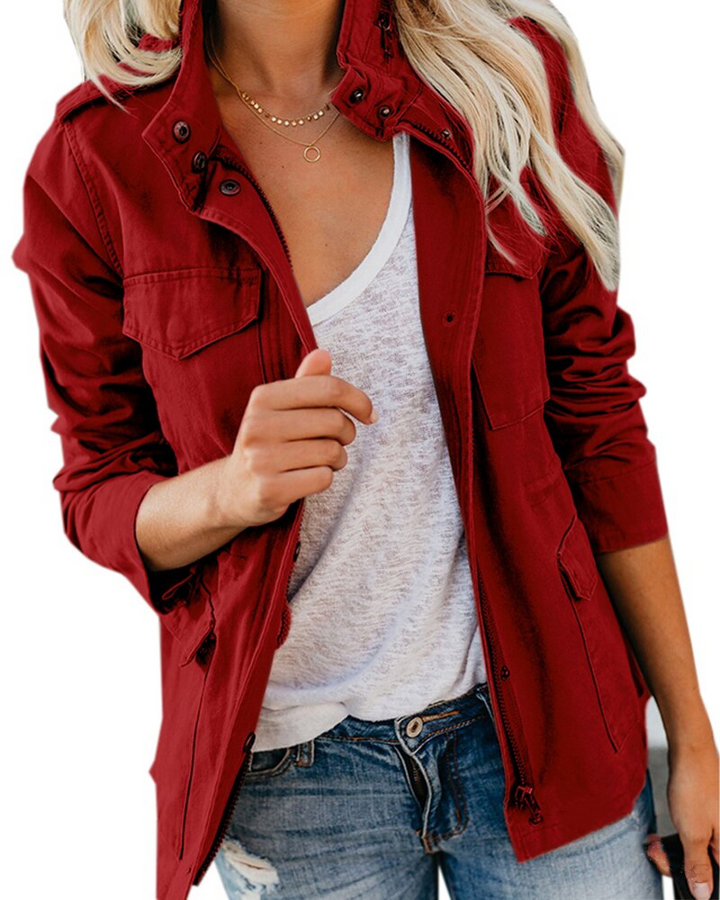 Women's utility jacket with stand collar, long sleeves, zip front and flap pockets