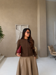 Women's brown crew neck button front cardigan with long sleeves