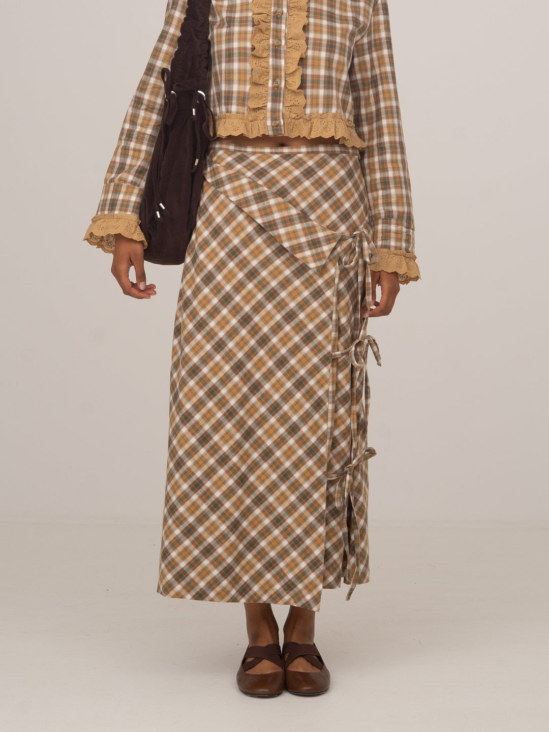 Women's checked wrap midi skirt with side ties