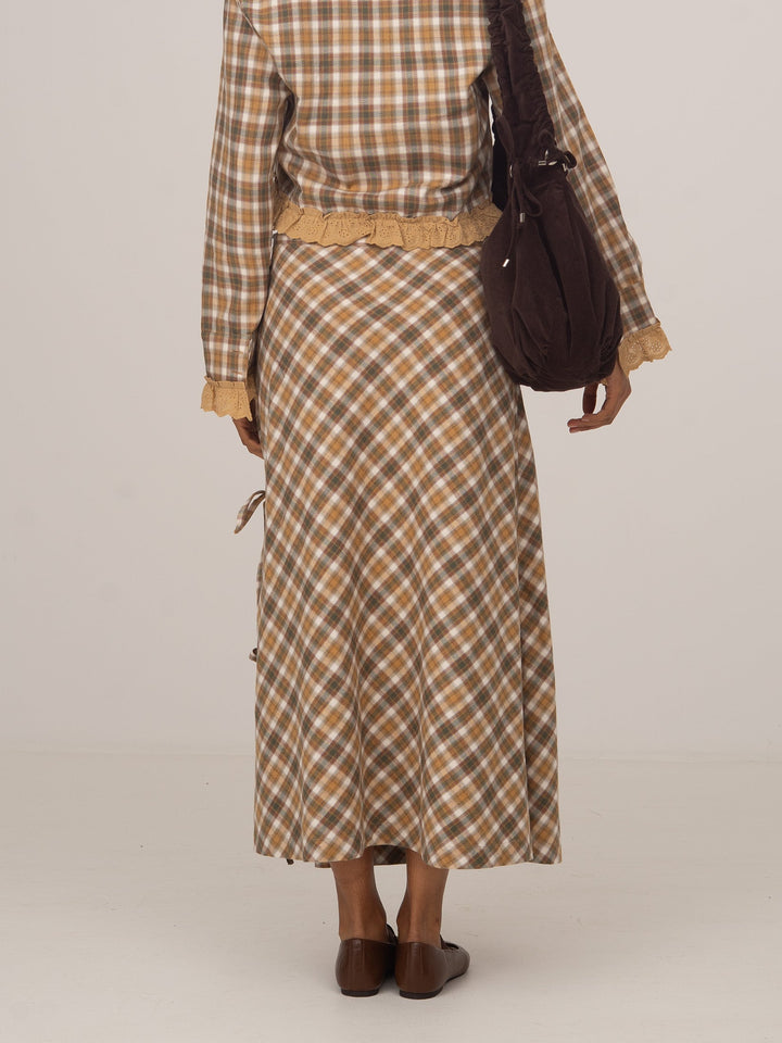 Women's checked wrap midi skirt with side ties