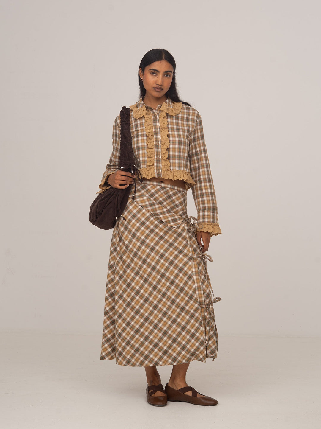 Women's checked wrap midi skirt with side ties