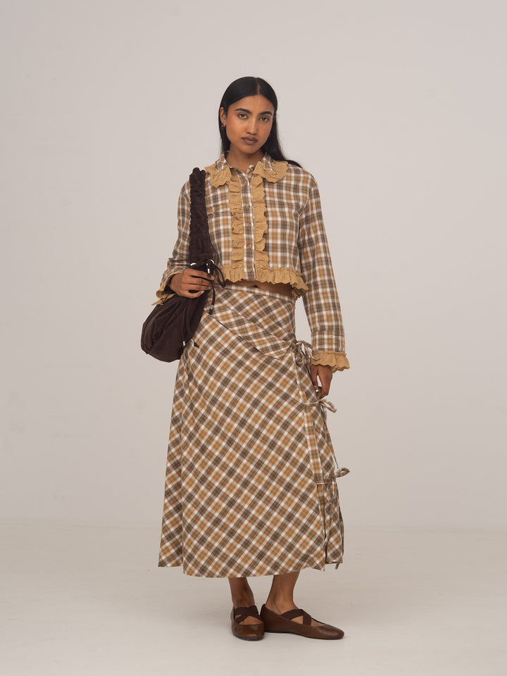 Women's checked wrap midi skirt with side ties