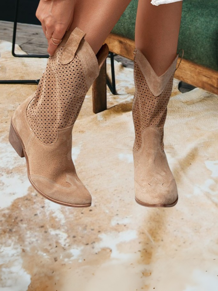 Women's western cowboy boots with pointed toes, perforated panels and low block heels