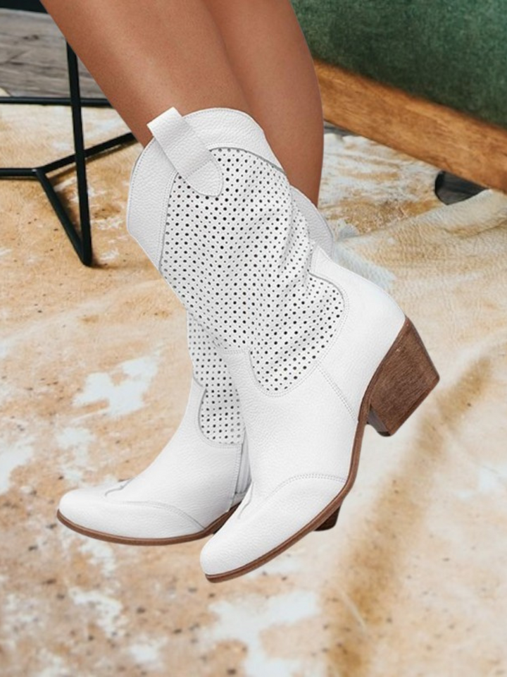 Women's western cowboy boots with pointed toes, perforated panels and low block heels
