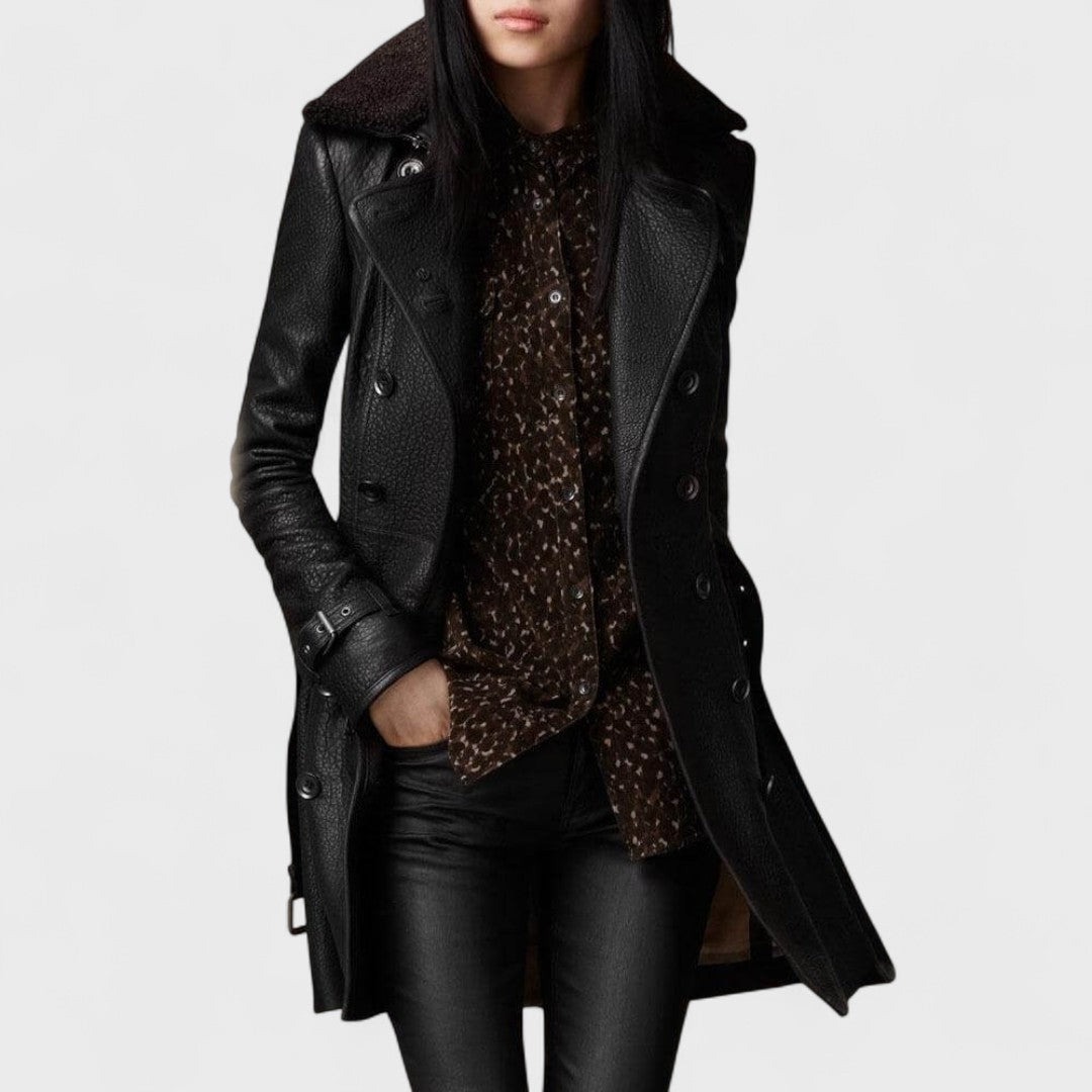 Women's black 3/4-length coat with wide lapels and button front