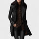 Women's black 3/4-length coat with wide lapels and button front
