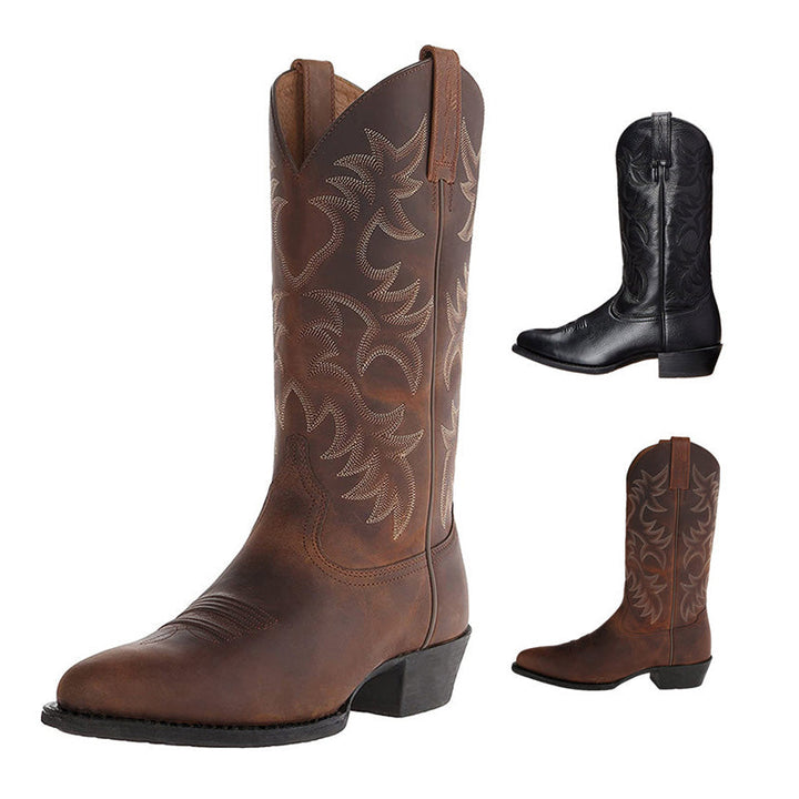 Tall embroidered cowboy boots with pointed toes and low heels