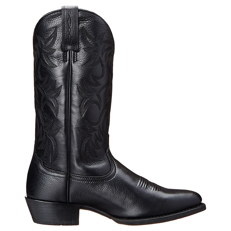 Tall embroidered cowboy boots with pointed toes and low heels