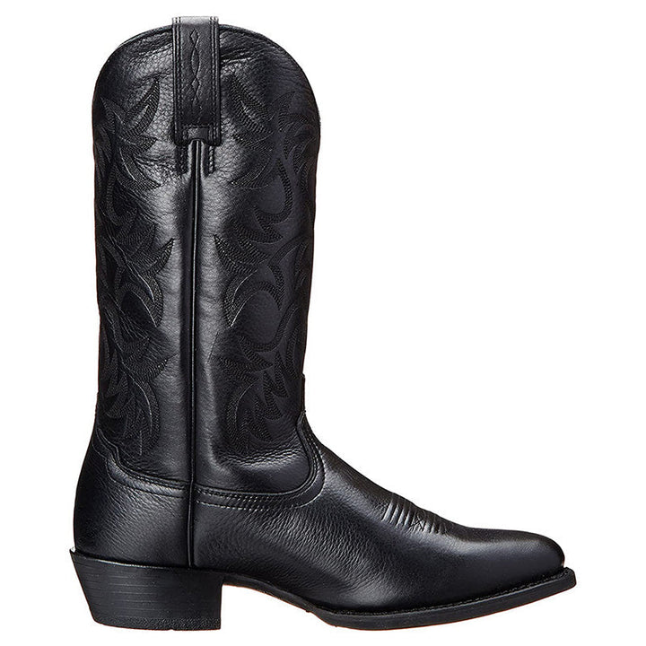 Tall embroidered cowboy boots with pointed toes and low heels