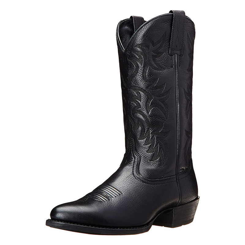 Tall embroidered cowboy boots with pointed toes and low heels