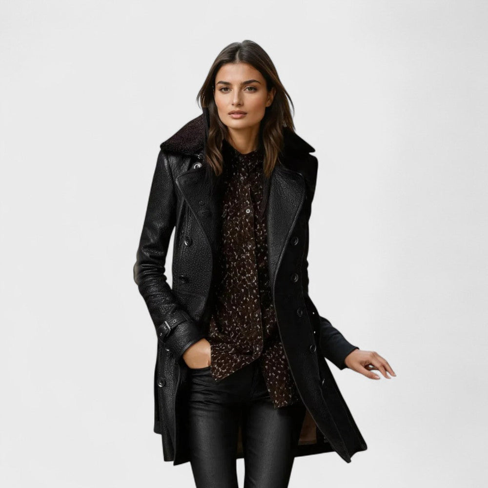 Women's black 3/4-length coat with wide lapels and button front