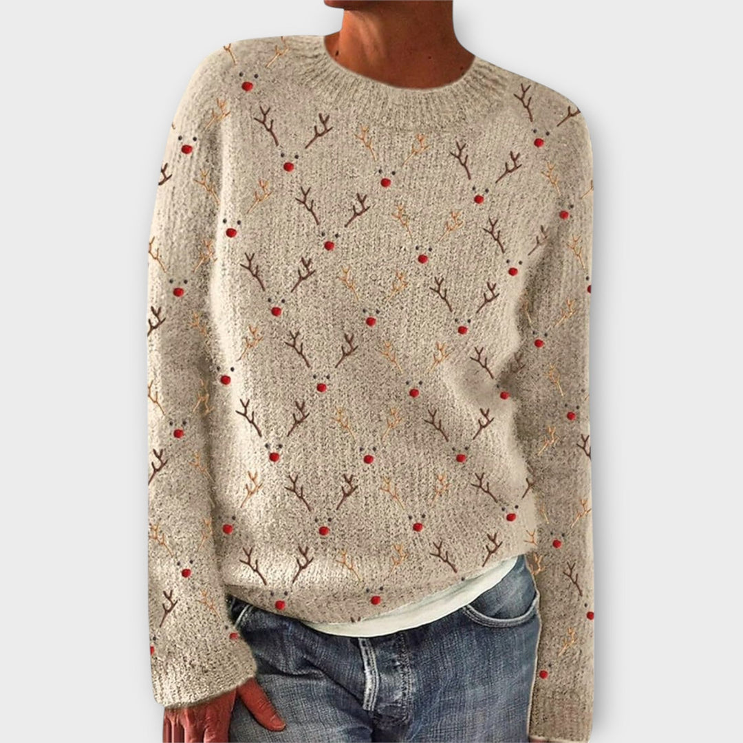 Women's Christmas jumper with crew neck, long sleeves and festive reindeer or holly pattern