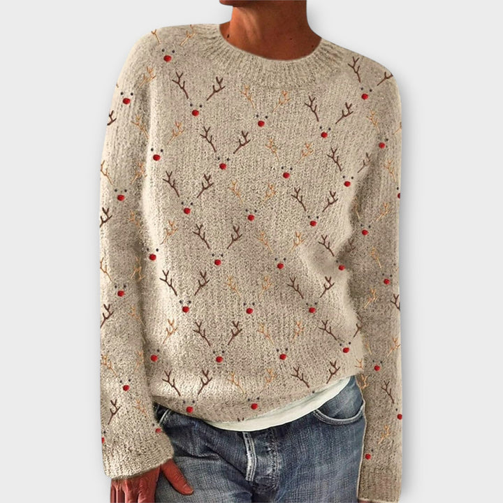 Women's Christmas jumper with crew neck, long sleeves and festive reindeer or holly pattern