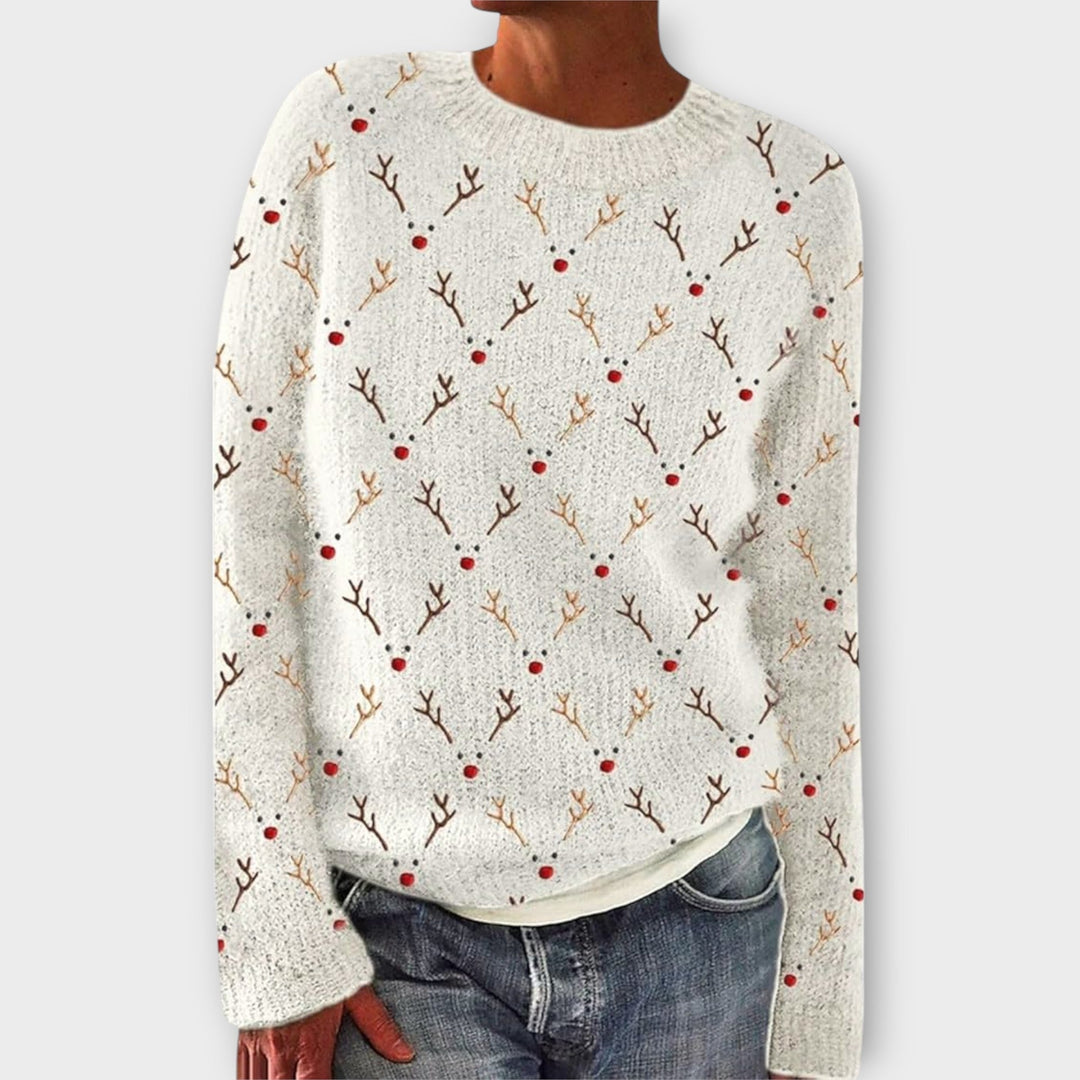 Women's Christmas jumper with crew neck, long sleeves and festive reindeer or holly pattern