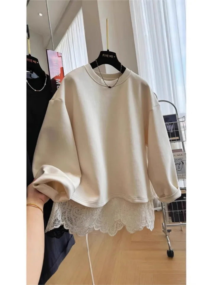 Women's crew neck sweatshirt with long sleeves, lace hem and open back