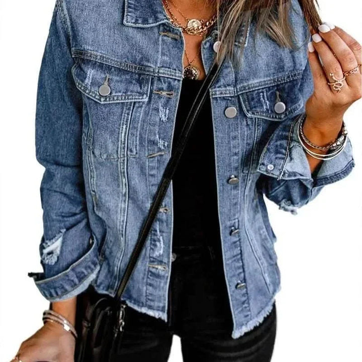 Women's blue collared jacket with long sleeves, button front and flap chest pockets