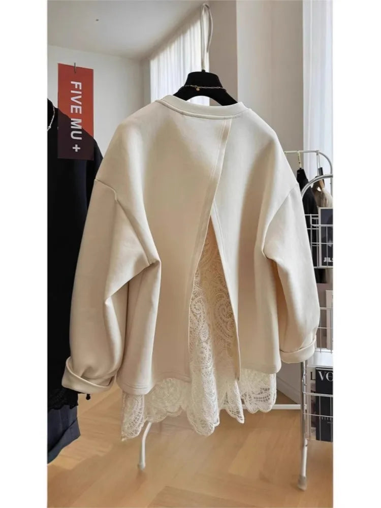 Women's crew neck sweatshirt with long sleeves, lace hem and open back