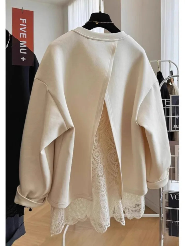 Women's crew neck sweatshirt with long sleeves, lace hem and open back