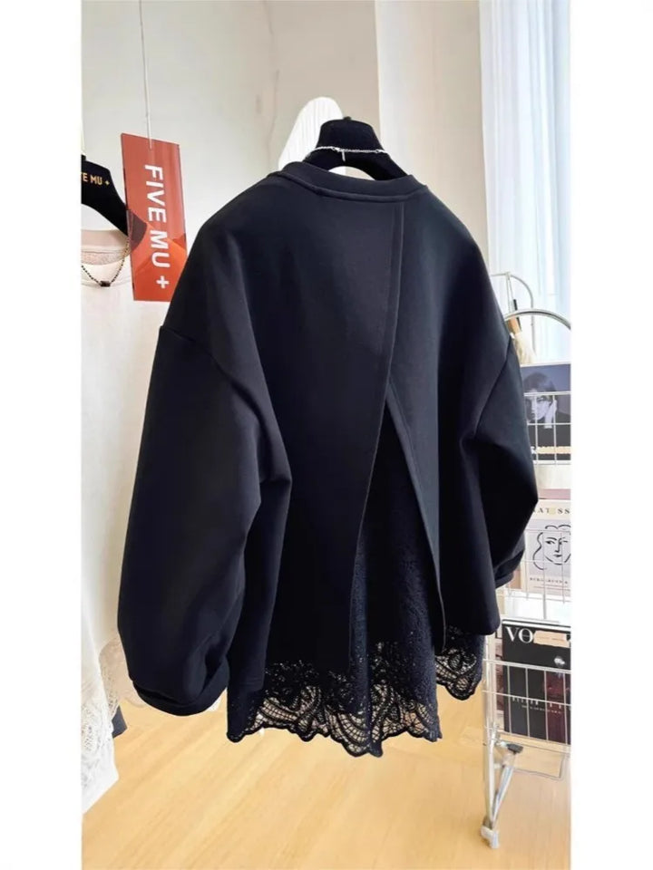 Women's crew neck sweatshirt with long sleeves, lace hem and open back