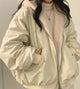 Women's relaxed bomber jacket with sherpa-style lining, zip front and flap pockets
