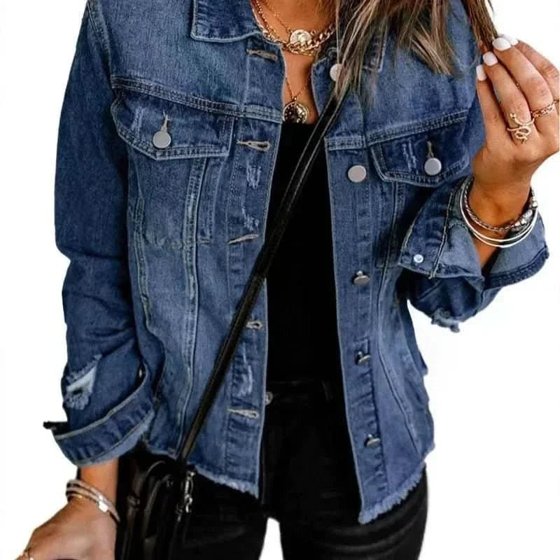 Women's blue collared jacket with long sleeves, button front and flap chest pockets
