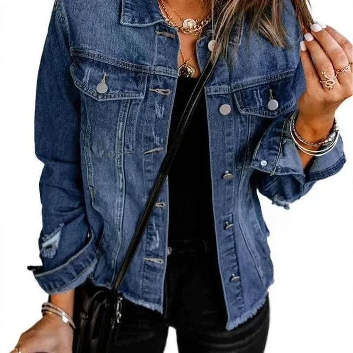 Women's blue collared jacket with long sleeves, button front and flap chest pockets