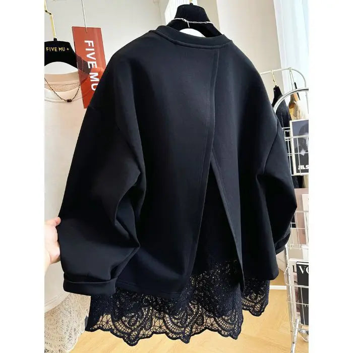 Women's crew neck sweatshirt with long sleeves, lace hem and open back