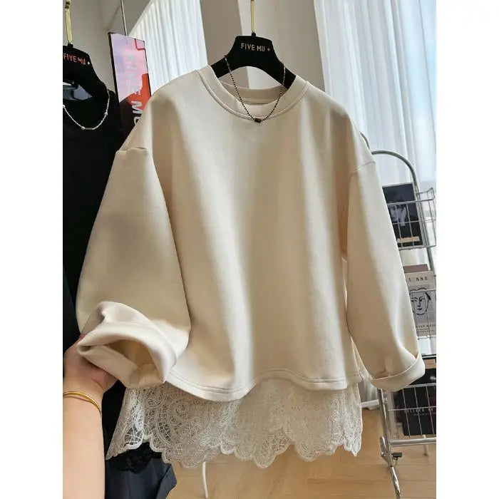 Women's crew neck sweatshirt with long sleeves, lace hem and open back