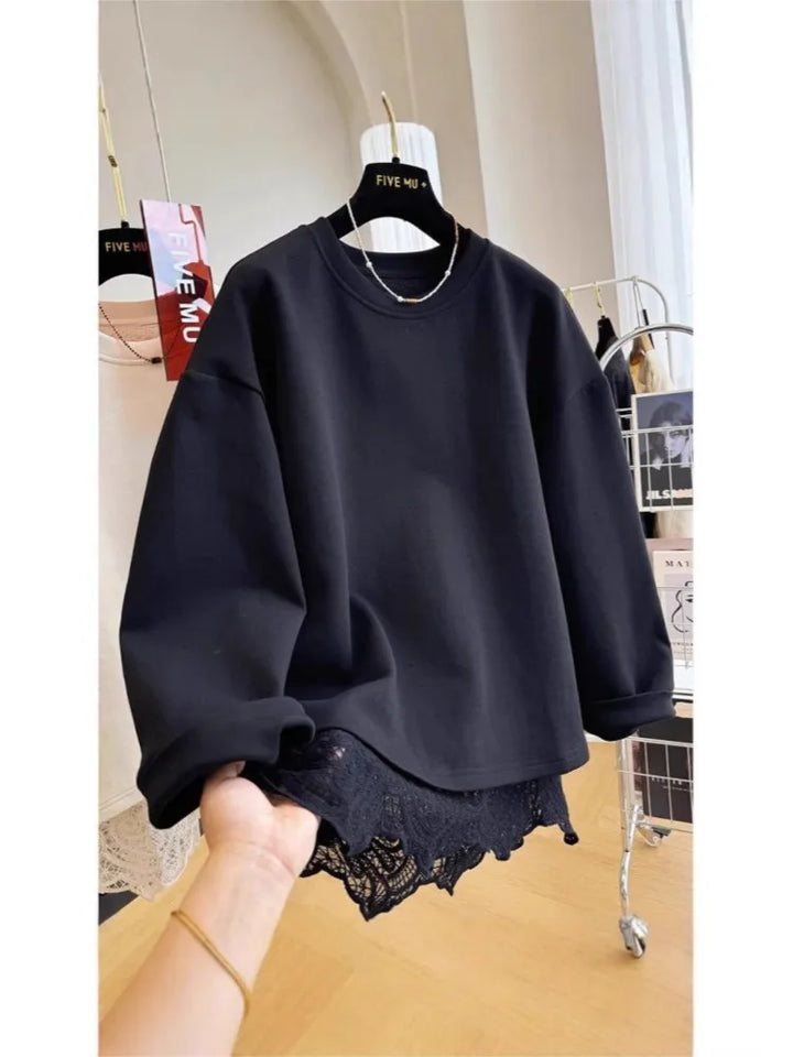 Women's crew neck sweatshirt with long sleeves, lace hem and open back